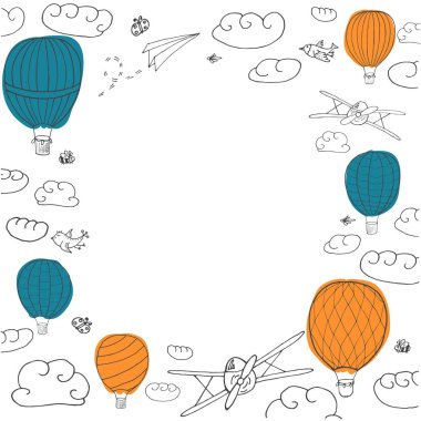 Renkli sıcak hava baloons metninizi vektör çerçeve için yer ile gökyüzünde uçan vektör afiş. Beyaz zemin üzerine koyu dağılımı. Kartları, reklamlar, davetiyeler ve diğer tasarımlar için vektör şablon