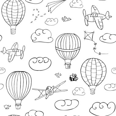 Sorunsuz vektör desen, elle çizilmiş sıcak hava baloons gökyüzünde uçan. Desen arka plan, kağıt, kumaş ve diğer tasarımlar kaydırma için