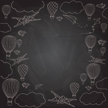 Vektör çizim, sıcak hava balonları ile kare yuvarlak. Kara tahta taklit Tasarımlarınız için. Beyaz anahat siyah arka plan üzerine
