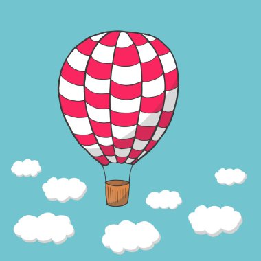 Mavi gökyüzünde uçan vektör çizim, kırmızı ve beyaz sıcak hava balonu. Arka plan mavi kare. Çizgi film syle kartları, afiş ve diğer dizaynı için vektör şablonu. ESP 10