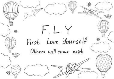 Vektör çizim, el yazısıyla yazılmış sözcükler ' F.L.Y. İlk aşk kendini ' el çizilen çerçeve. Posterler, kartları, kartpostallar, baskı ve diğer tasarım için katmanları ile düzenlenebilir bir şablona