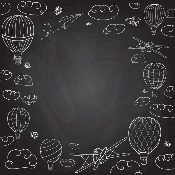 矢量插图 框架与热气球 黑板模仿你的设计 黑色背景上的白色轮廓 — 图库矢量图片