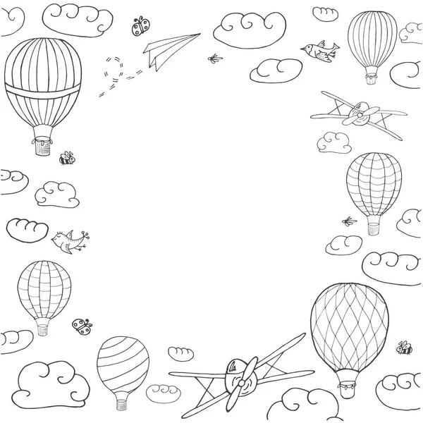 Sıcak Hava Baloons Metninizi Vektör Çerçeve Için Yer Ile Gökyüzünde — Stok Vektör