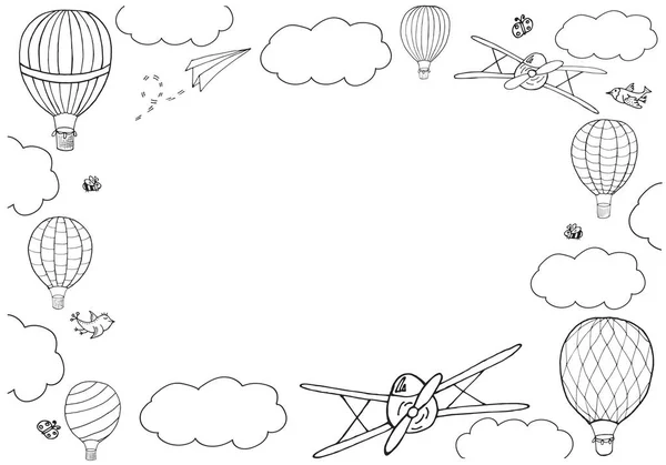 矢量插图与热风 Baloons 飞行在天空与地方为您的文本 矩形向量帧 白色背景上的黑色轮廓 — 图库矢量图片