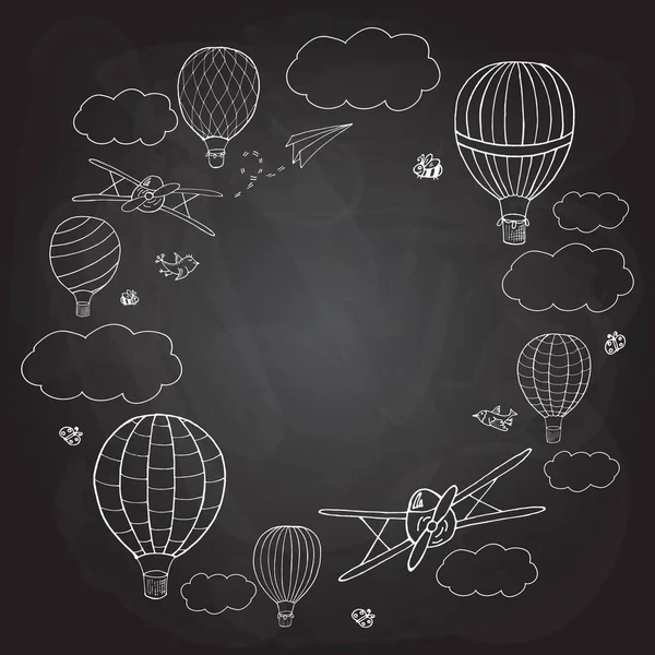 Vektor Illustration Runder Rahmen Mit Heißluftballons Kreidebrett Imitation Für Ihre — Stockvektor