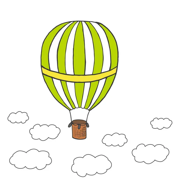 Vektorillustration Grüner Und Gelber Heißluftballon Der Zwischen Wolken Fliegt Vektor — Stockvektor