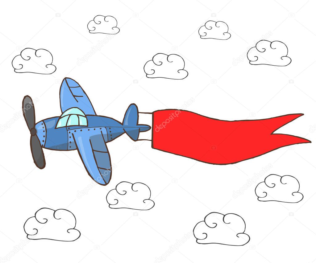 Hand drawn vector illustration, blue plane with red ribbon flying in the sky. With place for your text. Template for cards, ads, congratulations and other designs