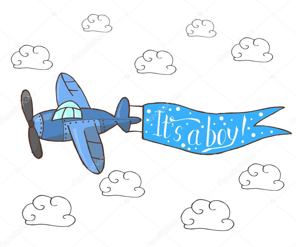 Vector illustration, blue plane flying in the sky with words 