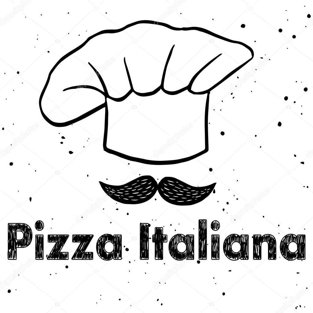 Vector logo for italian restaurant. Chef's hat with moustache under it and words Pizza Italiana. Template for menu headlines, banners, ads, logo