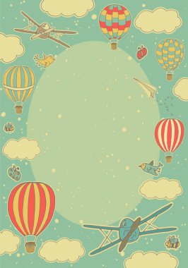 Doku ile renkli vektör sınır. Sıcak hava balonları ve gökyüzünde uçaklar ile vektör çizim. Metin için yer ile posterler, kartları, davetiyeleri, diploma ve diğer tasarımlar için yaratıcı şablonu