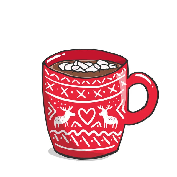 Vector Illustration Red Mug Cute Whiter Ornament Hot Beverage Cup — Stock Vector