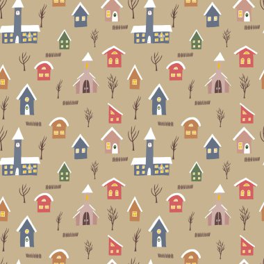 Sorunsuz vektör desen renkli evleri ve tren zanaat arka plan üzerine olan demiryolu yol ile. Kış kırsal arka plan, kağıt ve diğer tasarımlar kaydırma için el çekilmiş