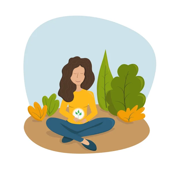 Ilustración Vectorial Hermosa Chica Practicando Yoga Aire Libre Concepto Equilibrio — Vector de stock