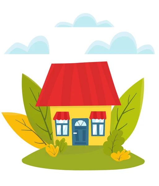 Ilustración Vectorial Plana Linda Casa Con Grandes Hojas Verdes Concepto — Vector de stock