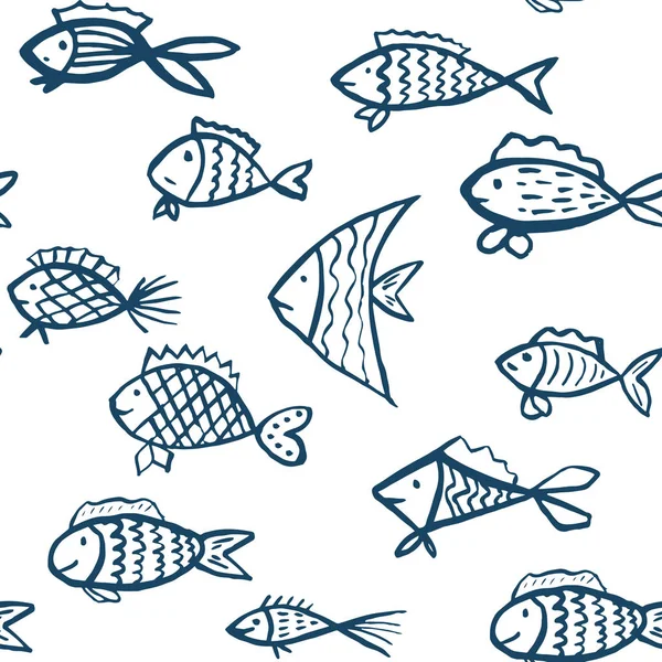 Векторный Бесшовный Узор Нарисованными Вручную Рыбами Голубые Рыбы Белом Фоне — стоковый вектор