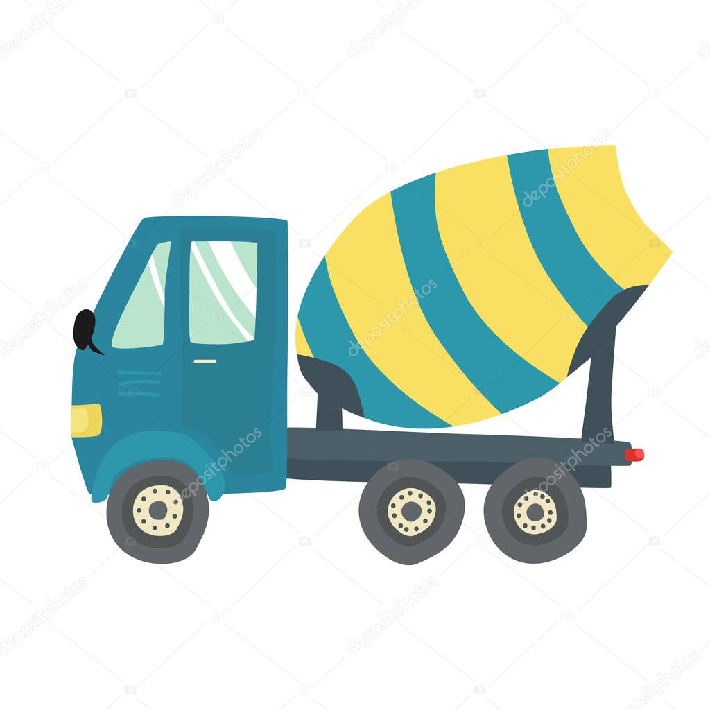 Vector illustration, cute blue and yellow concrete mixer for children prints, t-shirts and other designs