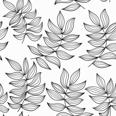 Siyah ve beyaz dikişsiz vektör deseni, yaprak motifleri ile zarif desen. Tekstil, keten, moda, duvar kağıdı ve arka planlar için desen