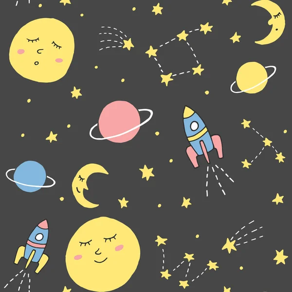 可爱的矢量无缝模式与宇宙元素 沉睡的月亮 火箭和黑色背景的星星 — 图库矢量图片