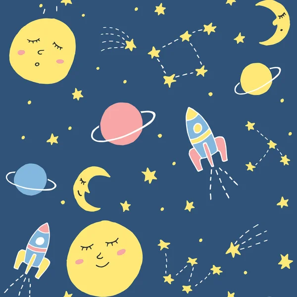 可爱的矢量无缝模式与宇宙元素 蓝色背景上沉睡的月亮 火箭和星星 — 图库矢量图片