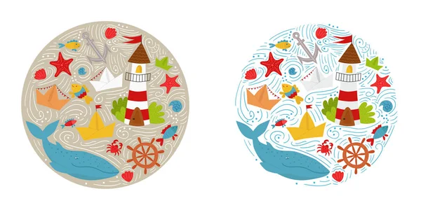 Vektör Illustration, kartlar, afiş, baskılar ve diğer tasarımlar için yuvarlak deniz kompozisyon. Fener, kağıt gemiler ve deniz hayvanları ile parlak deniz seti