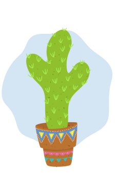 Mavi arka planda renkli bir tencerede çizgi film kaktüsü, kartlar, baskılar, posterler, desenler ve diğer tasarımlar için vektör illüstrasyon tarzı. Tasarımlarınız için düz illüstrasyon