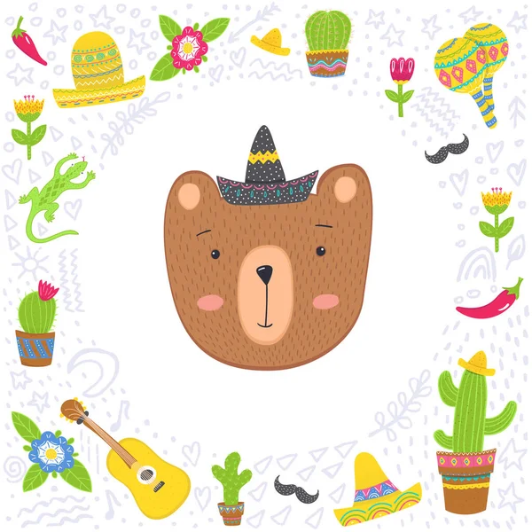 Urso Adorável Moldura Estilo Mexicano Ilustração Vetorial Estilo Mexicano Para —  Vetores de Stock