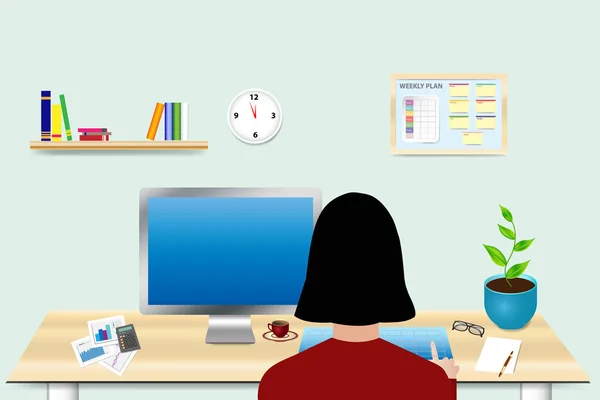 Woman Sitting Desk Office Has Empty Monitor Front Her — Stock Vector