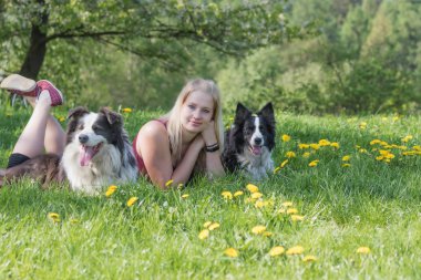 Gülümseyen çekici genç sarışın kadın iki sınır Collies köpekler arasında açık havada yalan söylüyor. Kadın ve köpek kameraya arıyoruz.