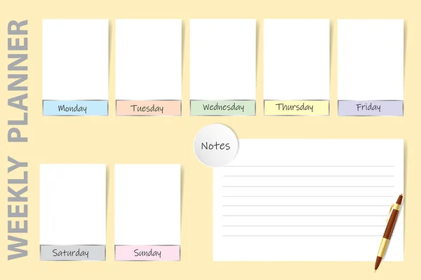 每周计划在黄色背景与钢笔 图表为笔记和白色图表为星期的每天为您的文本准备好 — 图库矢量图片