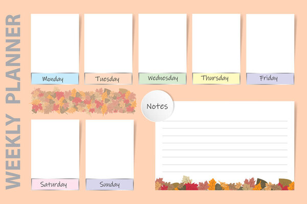 Seasonal weekly planner on the light orange background with autumn leaves design. Chart for notes and white charts for each day of the week are ready for your text. 
