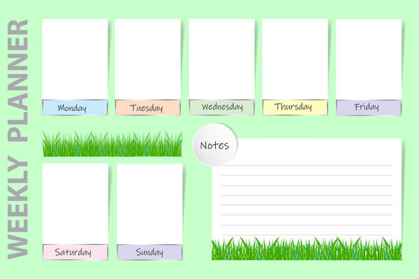 Seasonal weekly planner on the light green background with spring fresh grass design. Chart for notes and white charts for each day of the week are ready for your text. 