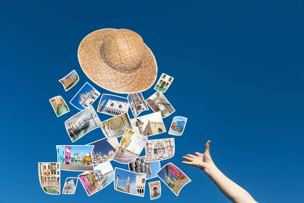 Mano Femenina Está Lanzando Sombrero Paja Desde Que Volar Las — Foto de Stock