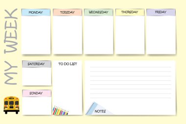 Okul okul otobüsü, notlar ve boya kalemi için haftalık planlayıcısı notlar için bir grafik içeren ve beyaz grafikler farklı renk tarafından tasarlanmış haftanın her günü için metniniz için hazır. 