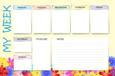 Renkli çiçek tasarım notlar için bir grafik ve farklı renk tarafından tasarlanmış haftanın her günü için beyaz grafikler ile benim hafta planlayıcısı metniniz için hazır. 