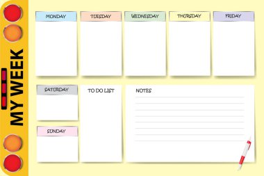 Benim hafta organizatörü bir parçası okul otobüsü ile notlar için grafik içeren ve beyaz grafikler farklı renk tarafından tasarlanmış haftanın her günü için metniniz için hazır. 