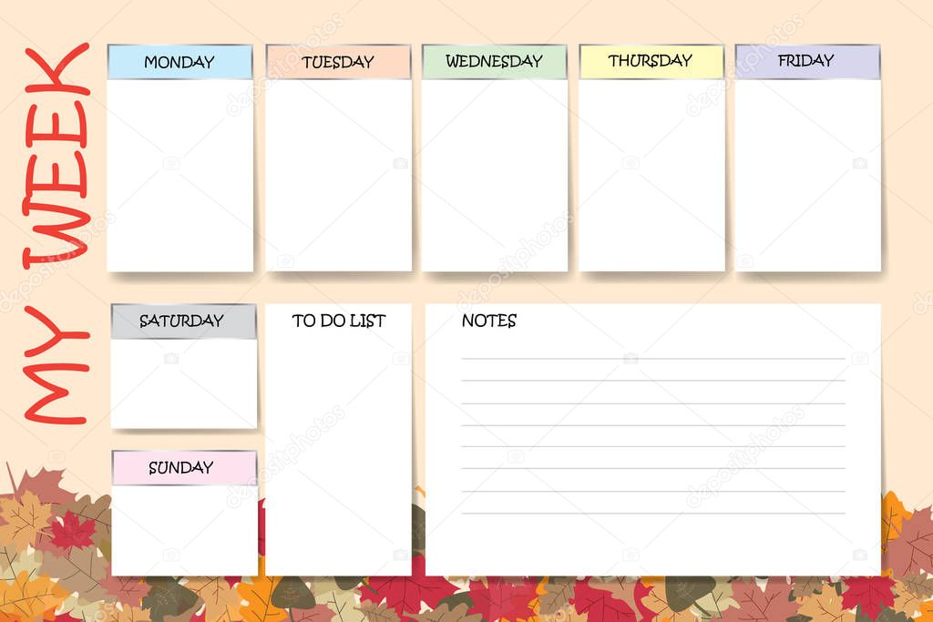 My week planner in colorful autumn leaves design with a chart for notes and white charts for each day of the week designed by different color are ready for your text. 