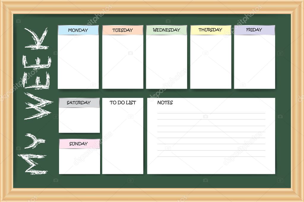 My week planner as a chalkboard with a chart for notes and white charts for each day of the week designed by different color are ready for your text. 