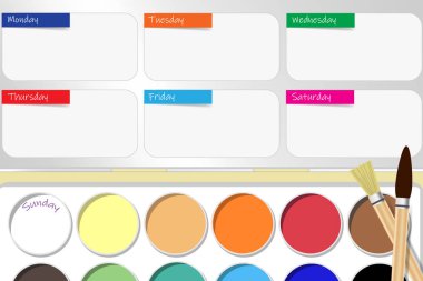 Okul notlarınızı kutusu kapağı için bir yer ile sulu boya kutusunun haftalık planlayıcısı. Her gün bir yatay renk etiketle işaretlenmiş.