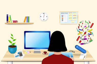 Çok çalışan kadın fazla mesai ofisinde oturuyor. Renkli hapları onun office masaya oturuyor.