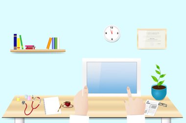 Doktor elinde bir tablet tutuyordu. Boş tablet ekranı metin için hazır. Tüm potansiyel markalar kaldırıldı.