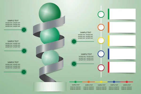 Infographic Presentation Metal Spiral Green Balls Showing Five Steps Process — Stock Vector