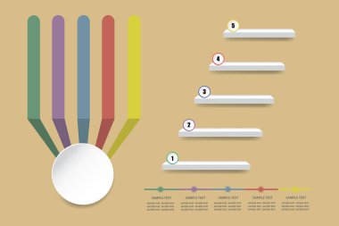 Renkli boş Infographic işlemi beş adım gösterilen merdiven. Renk etiketleri dikey metin için hazır boş bir beyaz daire içine gidiyor. Tüm açık kahverengi renkli üzerinde.