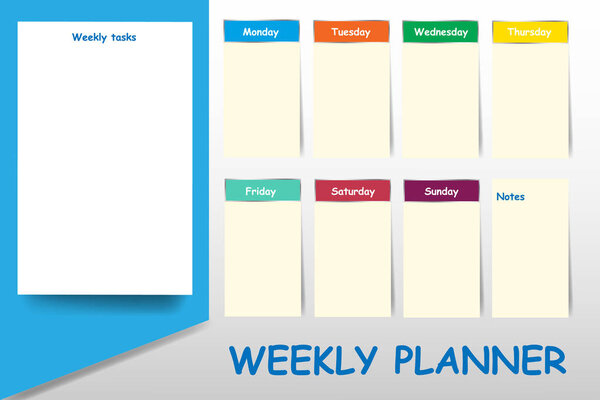 Weekly planner with blank label for week tasks and light yellow labels for each day of the week designed by different color are ready for your text. 