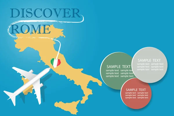 Откройте Себя Рим Пустой Шаблон Самолетом Летящим Карту Италии Векторе — стоковый вектор