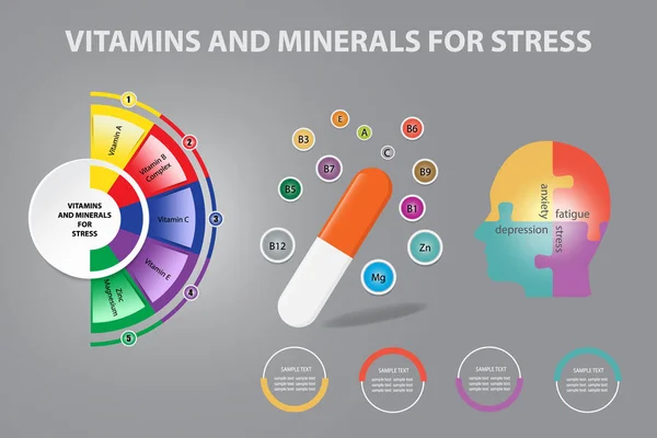 Infographic Vektor Visar Kapsel Vitaminer Och Mineraler För Stress Det — Stock vektor