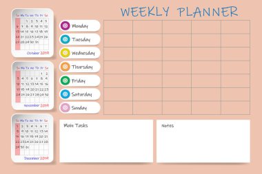 Takvim notları ve ana görevlerin haftalık planlayıcısı listesi ve boş etiket 2019 yılın dördüncü üç aylık dönem için. Dikey aylık tablolarıdır. Hafta başlangıç Pazar.