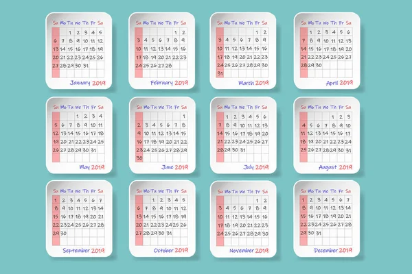 Календарь 2019 Года Начало Недели Воскресенье Двенадцать Листов Тенями Содержат — стоковый вектор