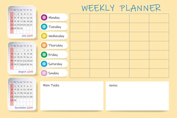 Ημερολόγιο Για Τρίτο Τρίμηνο Του 2019 Έτος Εβδομαδιαίο Διάγραμμα Planner — Διανυσματικό Αρχείο