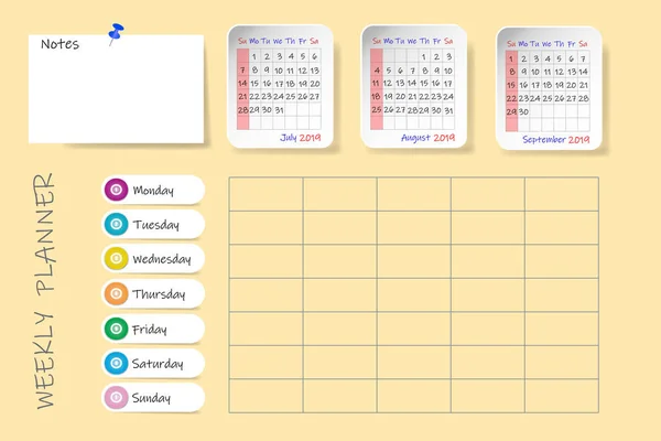 ノートのプランナーの週足チャートと空白のラベル 2019 四半期のカレンダーです 週の開始日 — ストックベクタ