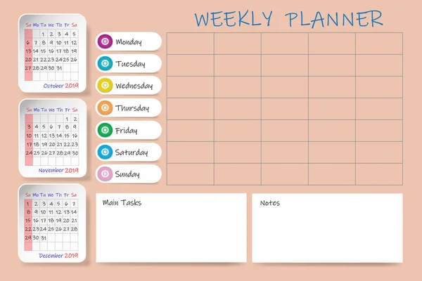 Ημερολόγιο Για Τέταρτο Τρίμηνο Του 2019 Έτος Εβδομαδιαίο Διάγραμμα Planner — Διανυσματικό Αρχείο